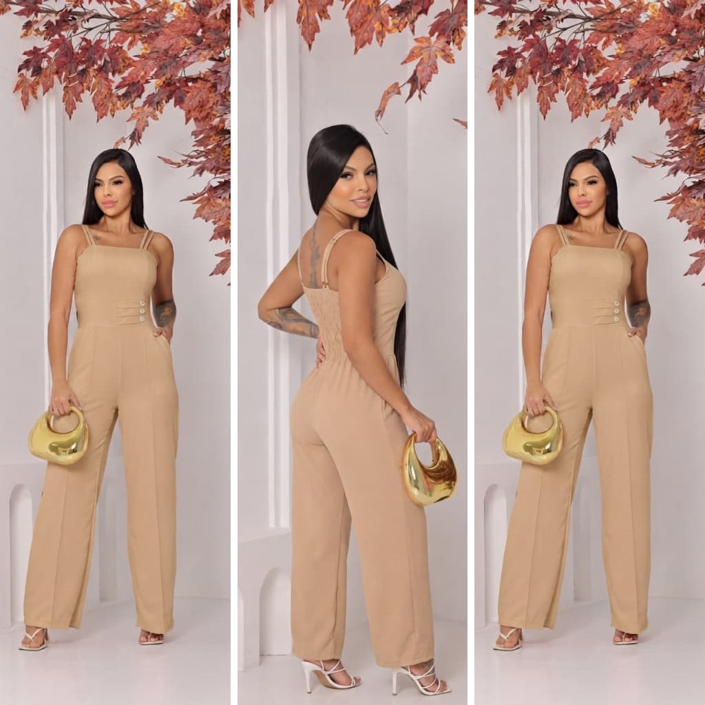 Macacão Feminino Elegante, e Moderna, Tecido Microfibra, Alça Fina, Bojo, Elastex nas costas