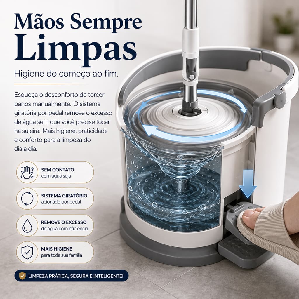 Mop Giratório 360° com Balde Inox Pedal Cabo Ajustável 3 Refis Microfibra Alta Absorção MaisonPure™
