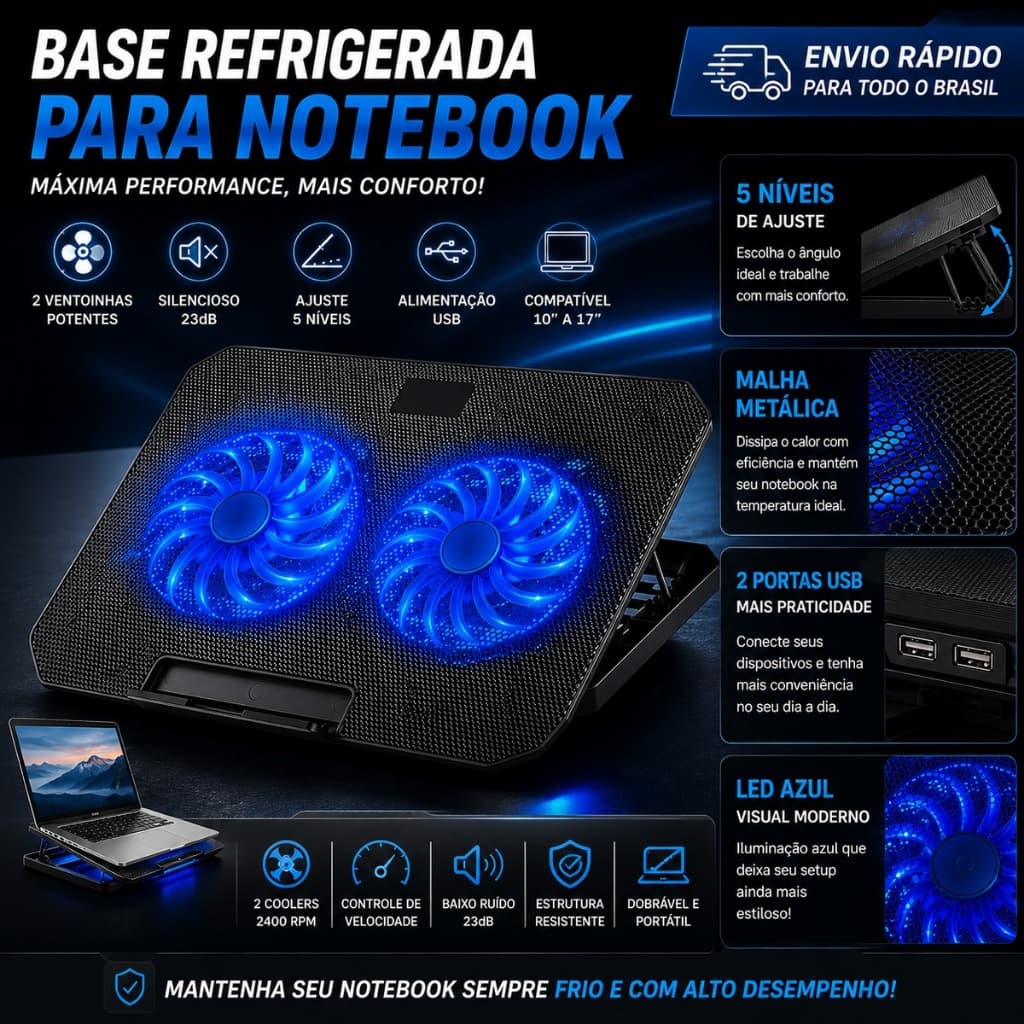Base Cooler Notebook 10 a 17 Polegadas LED Ajustável