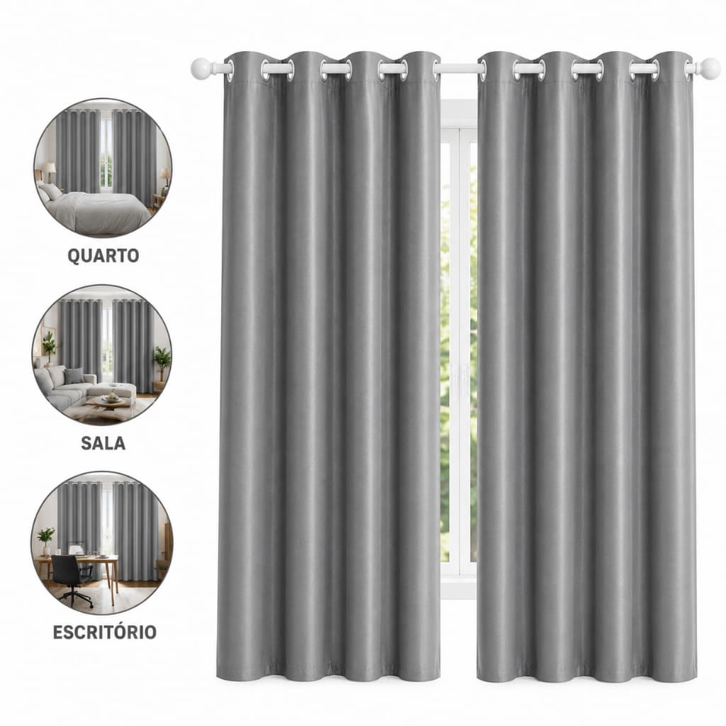 Cortina Blackout 100% Corta Luz Cinza com Ilhós para Sala Quarto