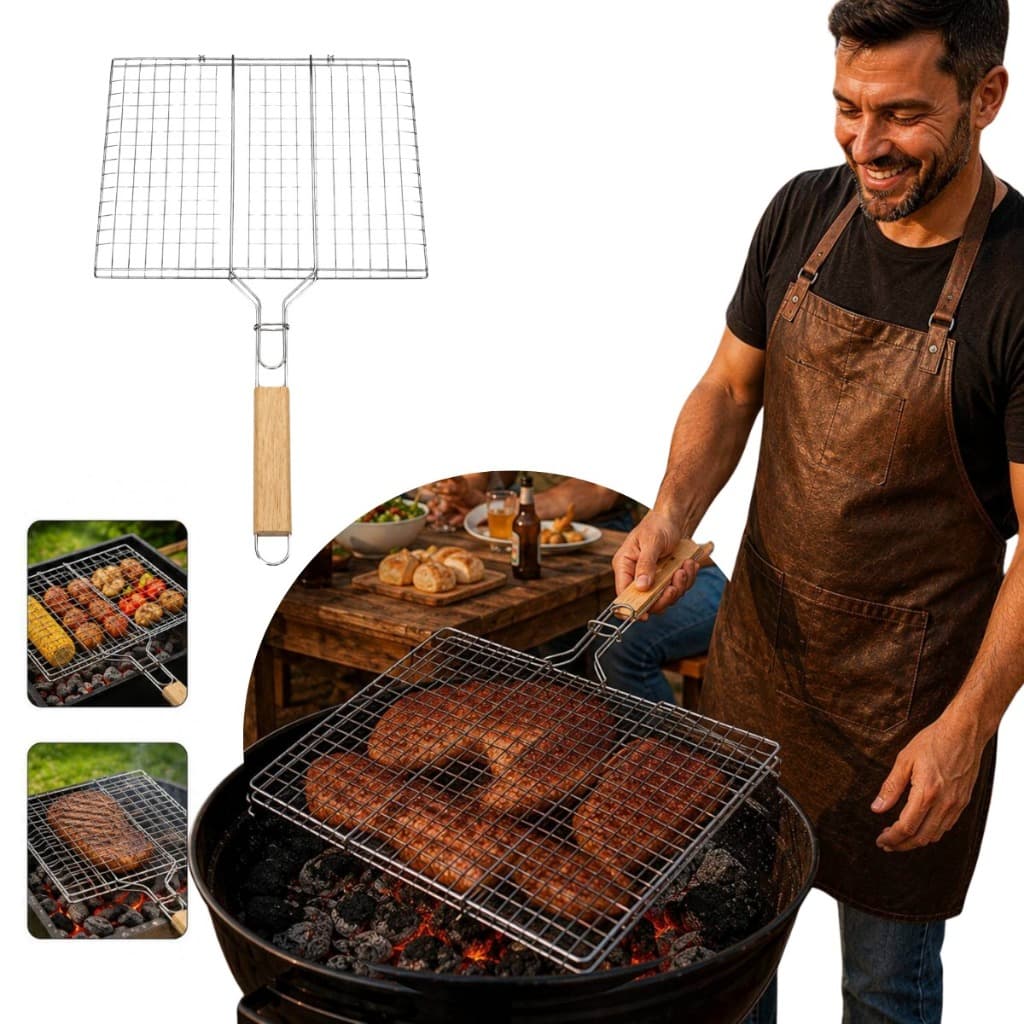 Grelha Dupla Churrasco Inox Cabo Madeira 34x22cm Para Churrasqueira Carne Peixe Legumes
