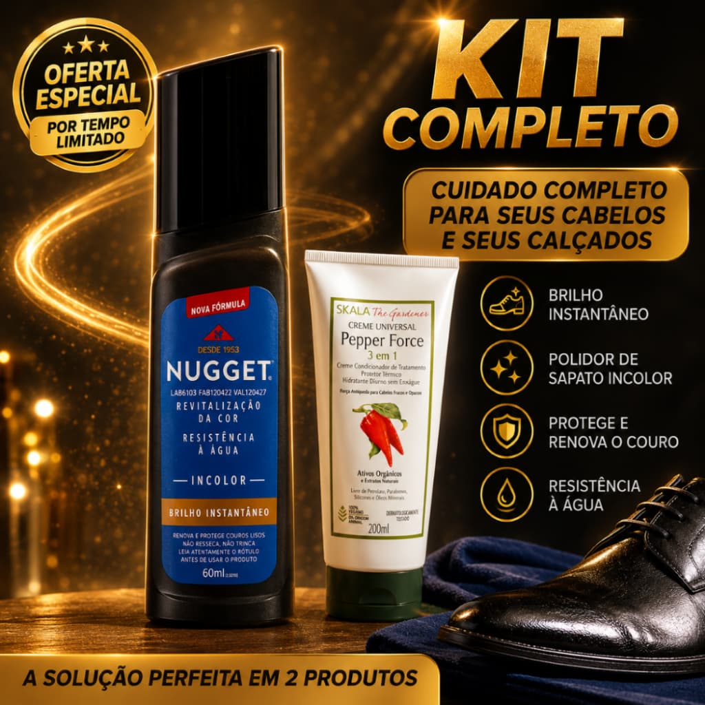 KIT BELEZA Polidor de Sapatos Nugget Líquido INCOLOR 60ml + MASCARA CAPILAR PEPPER FORCE 3x1