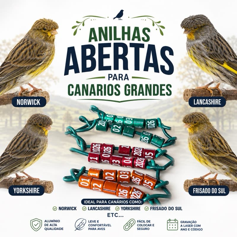 Anilhas ABERTAS 2026 para aves adultas 3.3 a 3.5mm. CANARIOS BELGA porte grande.