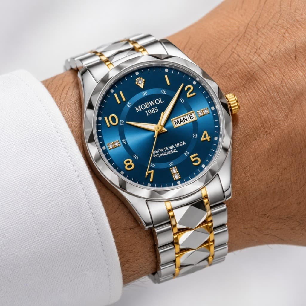 Relógio Masculino MOBWOL Quartzo Aço Inox Calendário Semanal Ponteiro Luminoso Esportivo