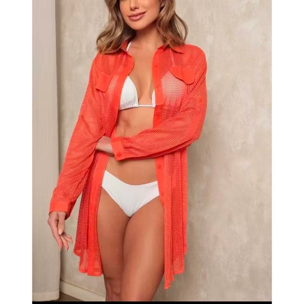Saida de praia De Manga Longa, Camisão Saida de praia Manga Longa, Chemise Moda Praia Moda Verão-1850