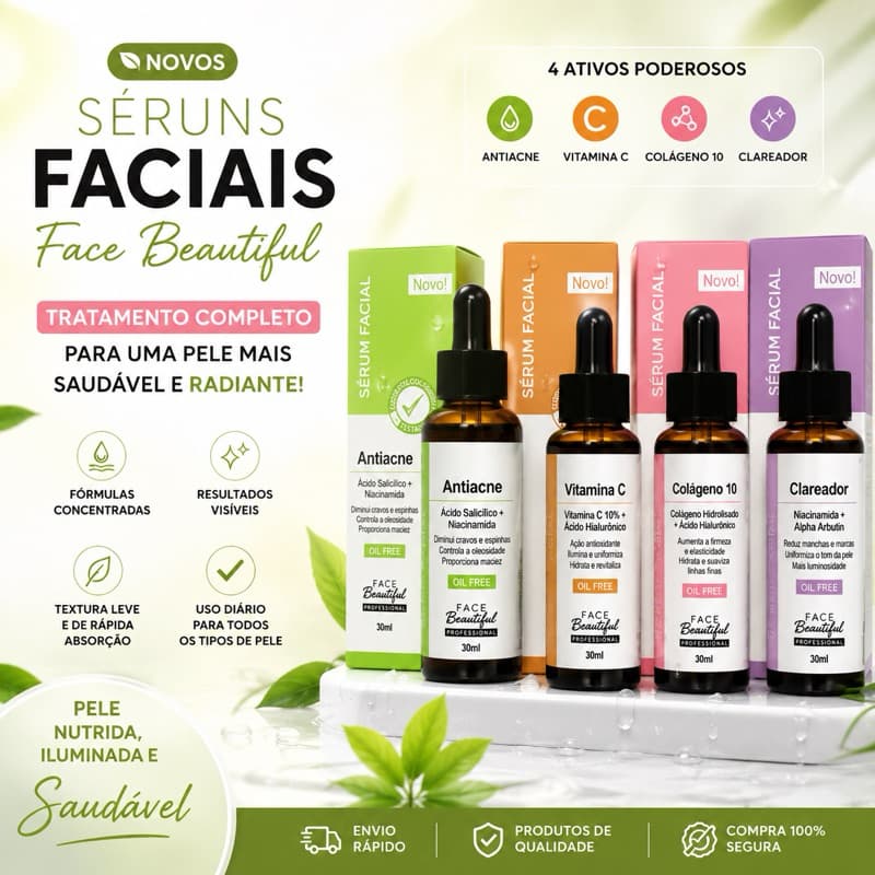 Séruns Faciais Face Beautiful Antiacne + Vitamina C + Colágeno 10 + Clareador | Skincare Completo para o Rosto