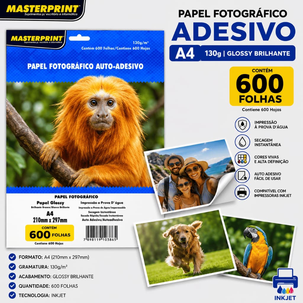 Papel Fotográfico Adesivo A4 130g Glossy Brilhante 600 Folhas Masterprint