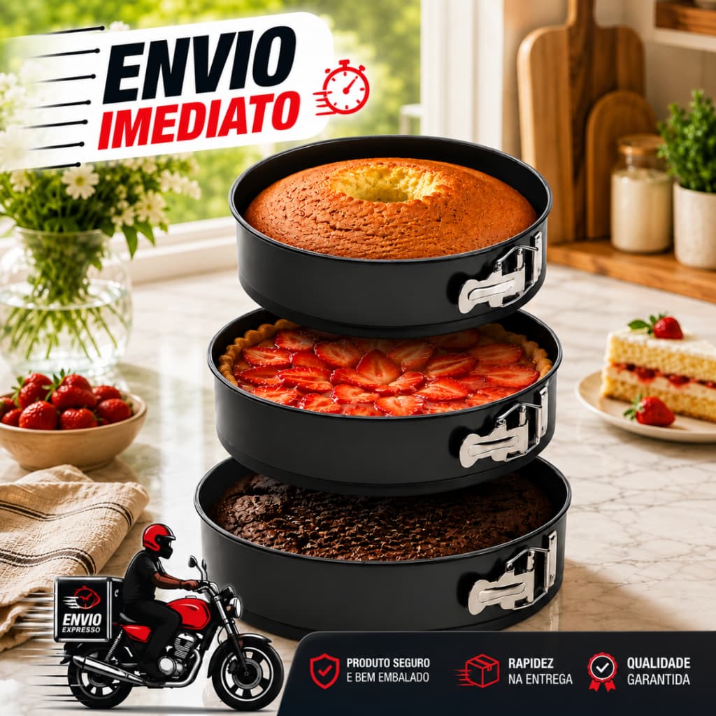 Kit 3 Formas Para Bolo Torta Fundo Removível Antiaderente Redonda Assadeira Confeitaria Alumínio Cozinha Receitas
