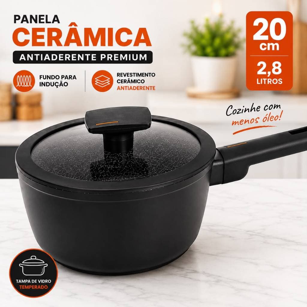 Panela Cerâmica 20cm com Tampa de Vidro Indução Antiaderente 2,8L Alumínio Preta Fogão Gás Elétrico