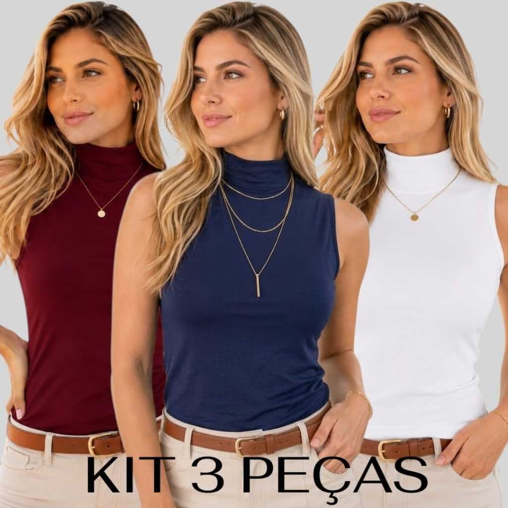 Kit 3 Blusa feminina Regata Gola Alta Básica Casual malha Viscolycra Segunda Pele Inverno/Verão