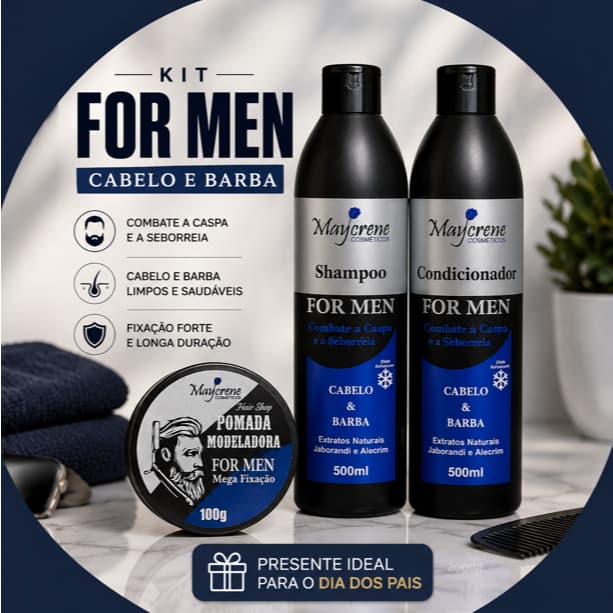 Kit Presente Masculino For Men Maycrene | Shampoo, Condicionador e Pomada para Cabelo e Barba