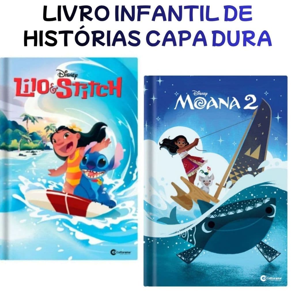 Livro de histórias Lilo & Stitch ou Moana 2 Capa Dura e Garrafa Stitch squeeze filme histórias