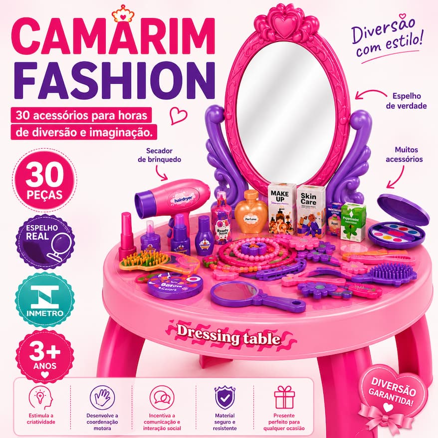 Penteadeira Infantil Camarim Fashion 30 Peças Rosa com Espelho e Acessórios Toy Master