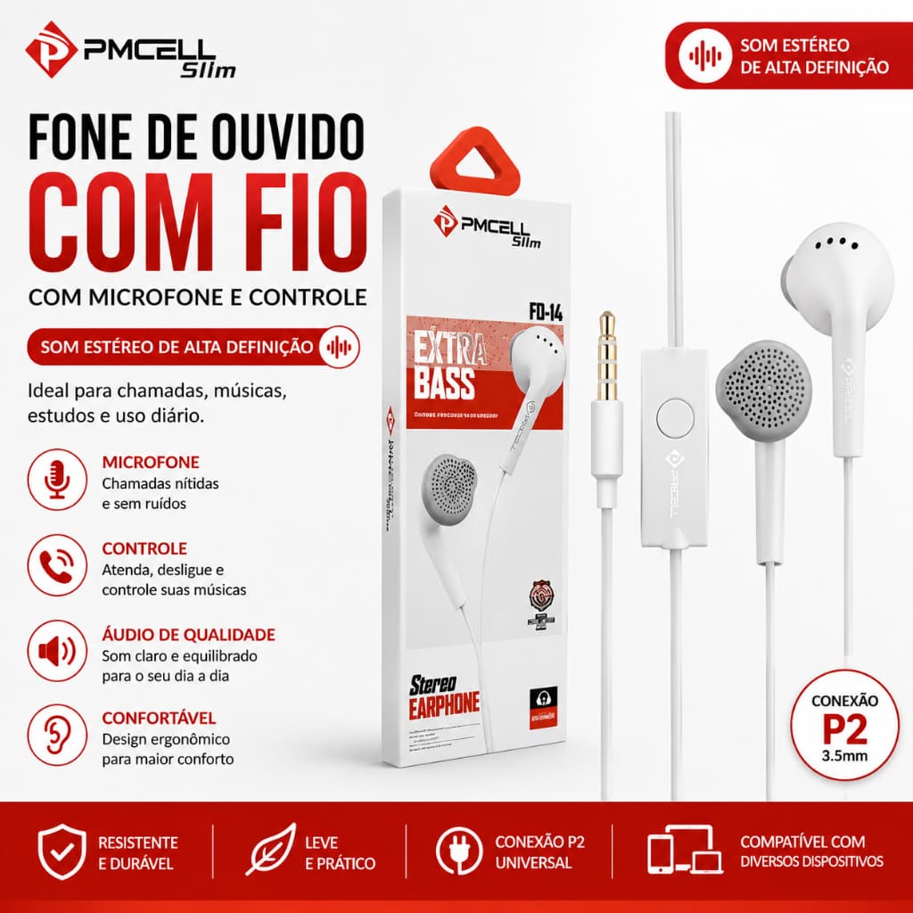 Fone de Ouvido Auricular P2 3,5mm com Microfone e Controle Multifuncional FO-14