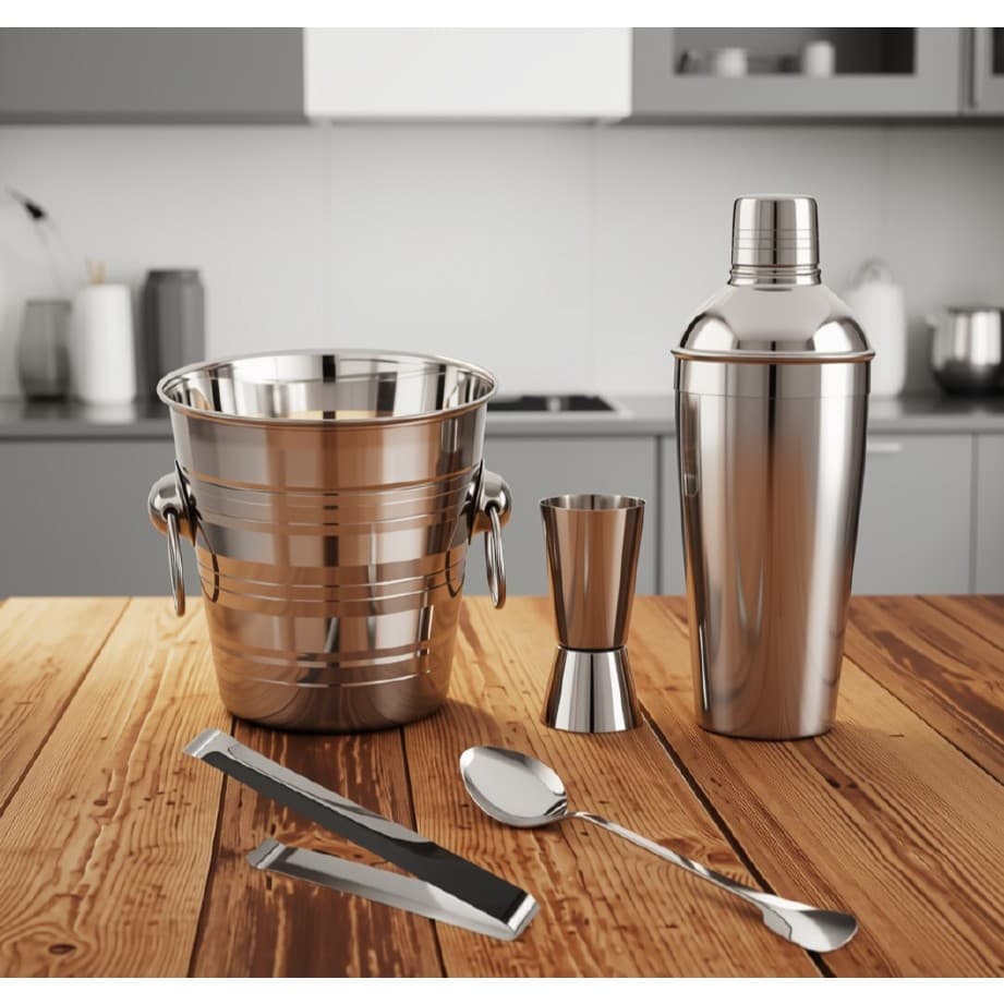 Kit Bar Coqueteleira em Aço Inox 5 Peças com Balde de Gelo, Pegador, Dosador e Colher para Drinks