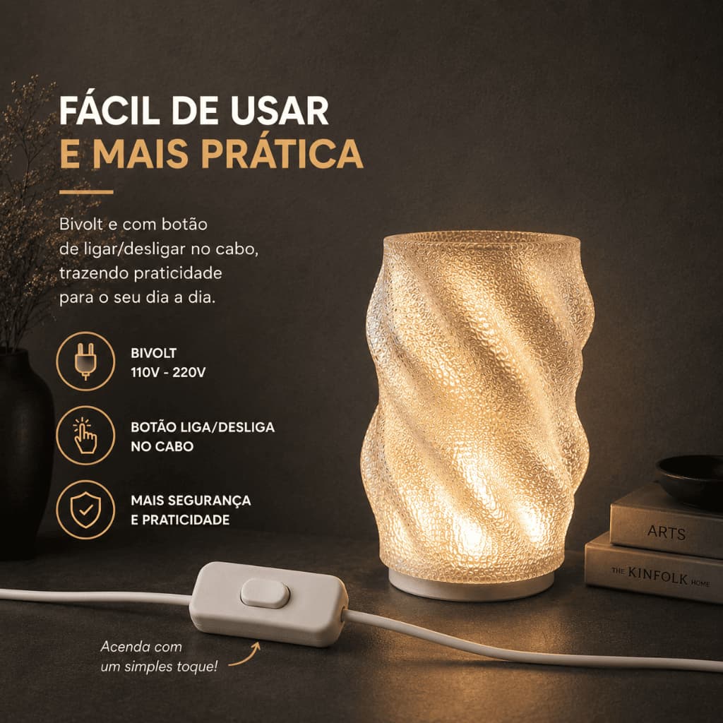 Luminária de Mesa LED Cristal Transparente Design Moderno 3 Cores de Luz Intensidade Regulável