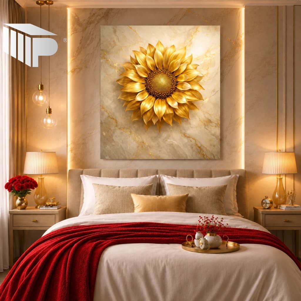 Quadro Decorativo Girassol Dourado Luxo MDF Alta Definição Sala Quarto Escritório Decoração Moderna Elegante Presente