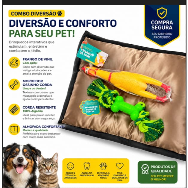 KIT Cama pet Impermeável+brinquedo galinha pet+mordedor osso c/corda