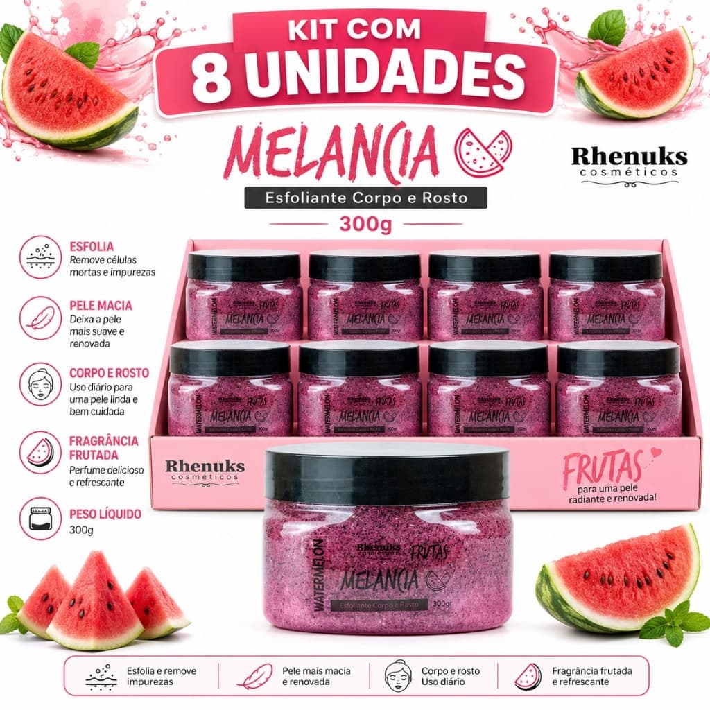 Kit 8 Esfoliante Rhenuks Melancia 300g Fragrância Refrescante E Pele Macia