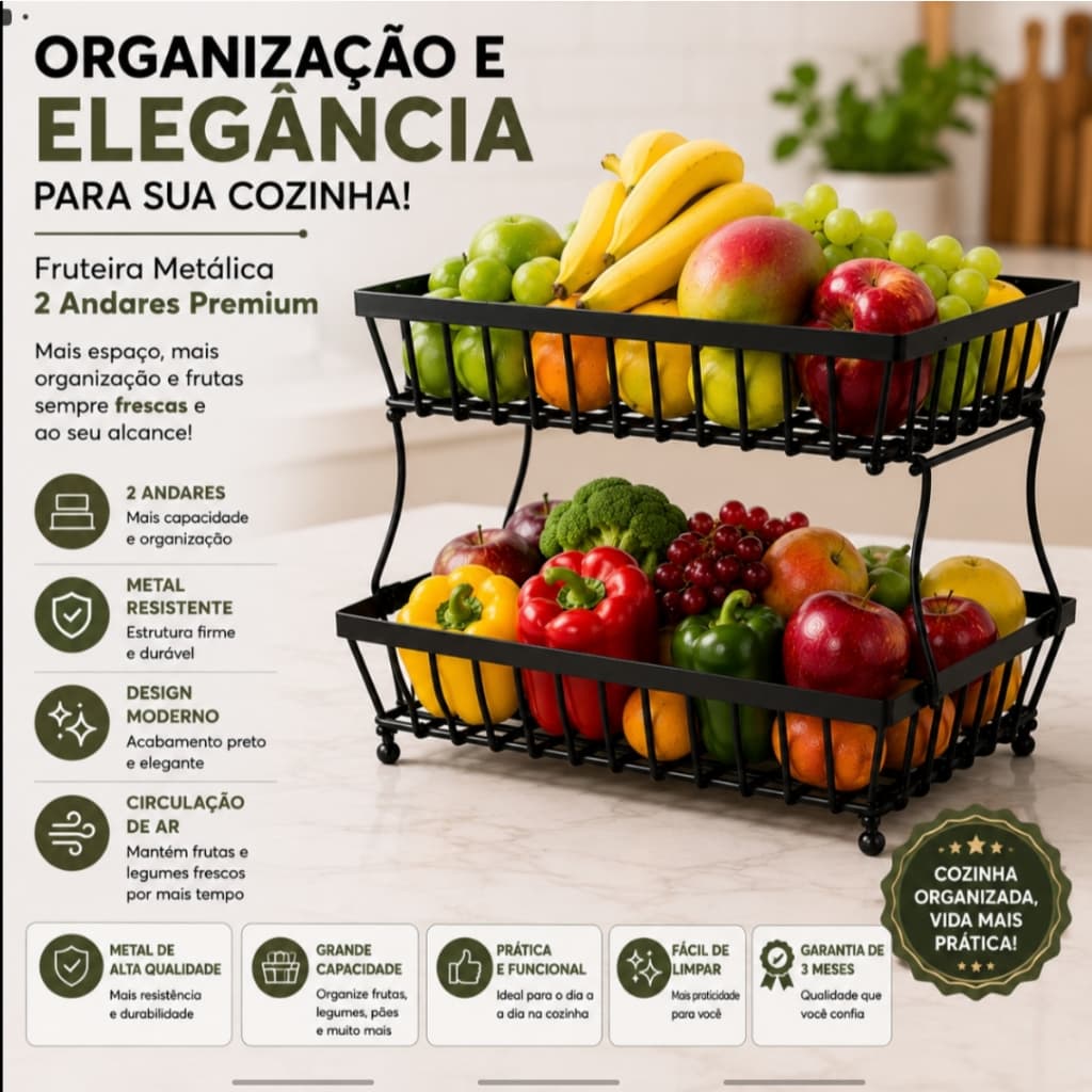 Fruteira Metálica 2 Andares Preta Organizador de Frutas Bancada Cozinha Porta Frutas Metal Resistente FruitTower Duo™