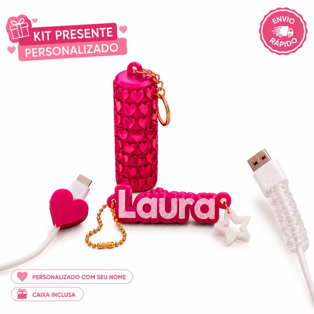 Kit Porta Batom + Protetor de Cabo Tipo C + Chaveiro Personalizado | Lembrancinha, Brinde, Presente Feminino, Organizado