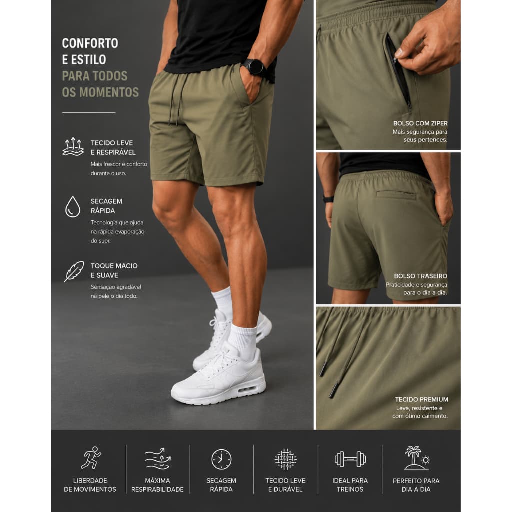 Shorts Bermuda Masculino Dry Fit Verao Esportes Casual Seca Rapido Leve Academia Elastano
