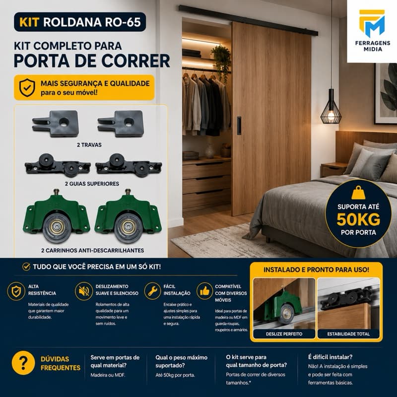kit Roldana Rodizio para Porta de correr de Guarda Roupa e Armário p/1 porta tipo RO 65