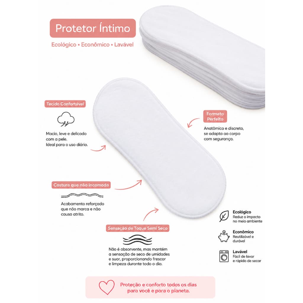 Kit 10 Protetores Íntimos Reutilizáveis Laváveis Ecológicos Confortáveis Toque Macio Feminino
