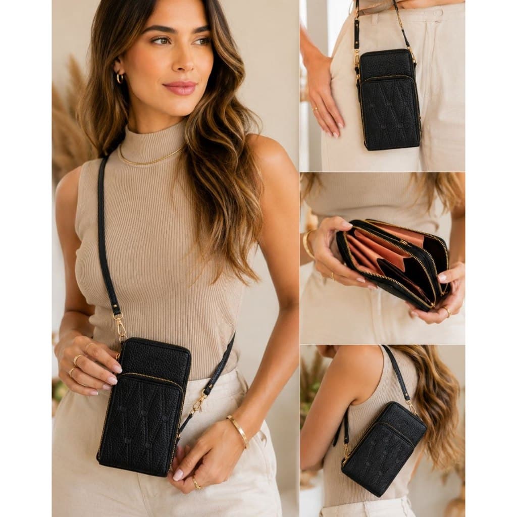 Bolsa Carteira Feminina Porta Celular Premium Transversal Couro PU Duplo Zíper Grande Capacidade