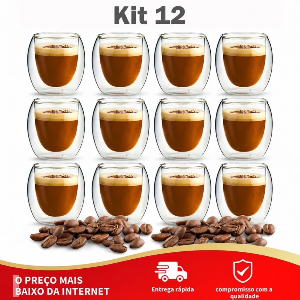 Kit 12 Xícaras De Vidro Duplo 80ml Luxo - Não Queima a Mão - Para Café Expresso