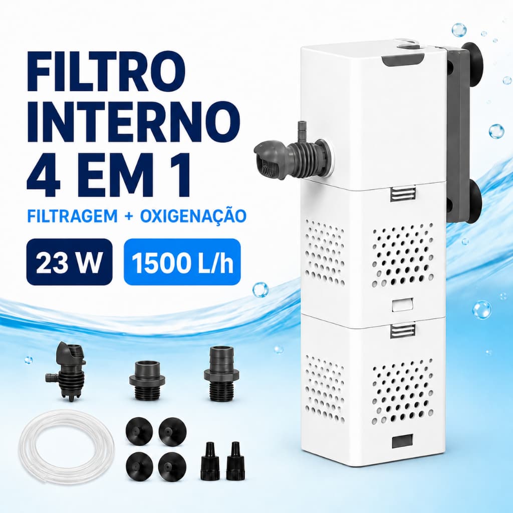 Filtro Interno para Aquário 4 em 1 Bomba Submersível 23W 1500L/h Filtragem e Oxigenação