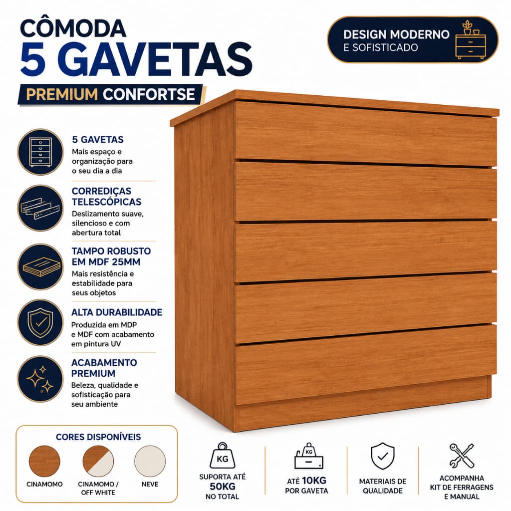 Cômoda 5 Gavetas Confortse Premium MDF | Corrediças Telescópicas | Tampo 25mm | Design Moderno