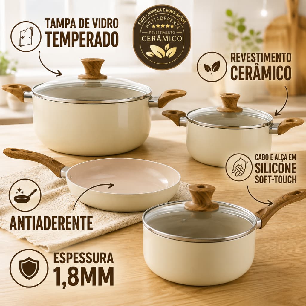 Jogo de Panela 4pçs Antiaderente Tampa Vidro Não Usa Óleo Não Gruda