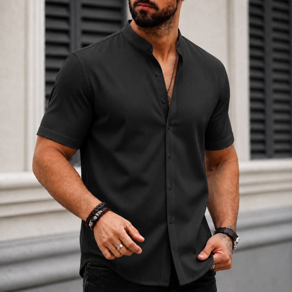 Camisa Social Masculina Slim Fit Gola Padre Manga Curta