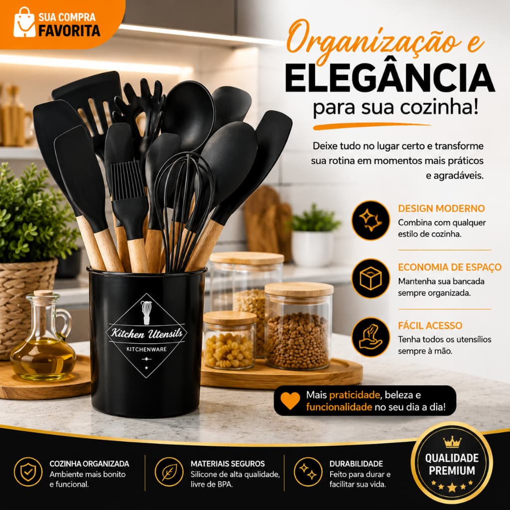 Jogo Completo de Utensílios de Cozinha de Silicone Itens Essenciais para sua Casa KITC/12