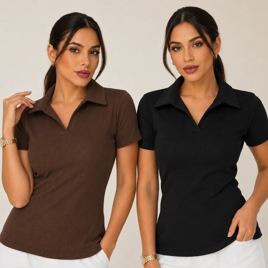 KIT 2 Blusas Polo Feminina Gola V Manga Curta Regata Básica Elegante Casual Ribana