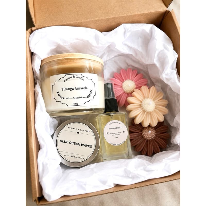 Kit artesanal  com vela aromática, mini vela, home spray e velas perfumadas.