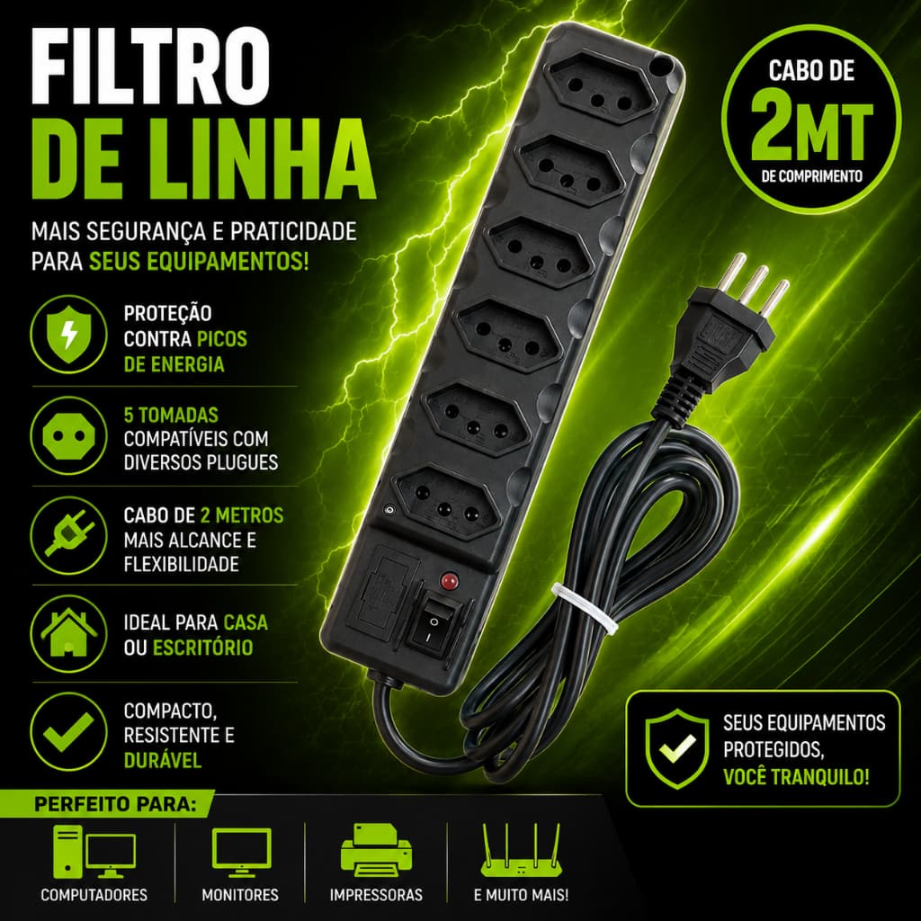 Filtro de Linha 5 Tomadas, Protetor de Energia 10a Bivolt Preto Fusível Tripolar Cabo 2MT
