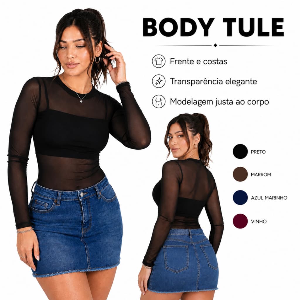 Body Tule Manga Longa Transparente Gola Alta Blusa Balada Rodeio Bori Confortável Básico Modelador Inverno