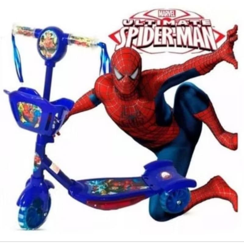 Patinete Infantil Homem Aranha 3 Rodas com Música Luz e Cesta