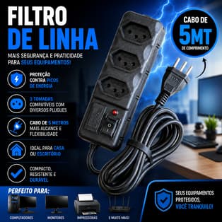 Filtro de Linha  3 Tomadas, Protetor de Energia 10a Bivolt Preto Fusível Tripolar Cabo 5MT