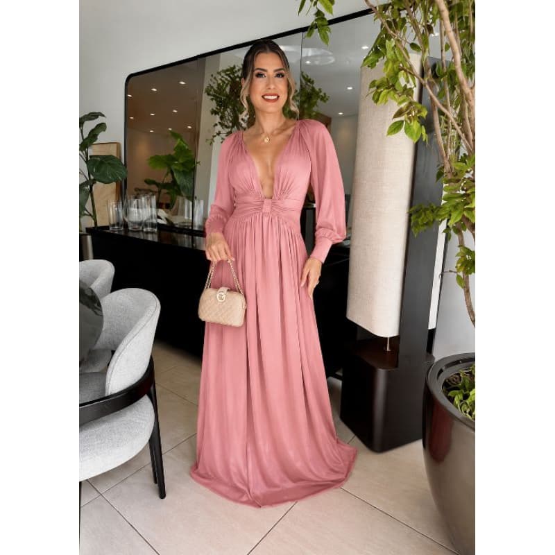 Vestido Longo Festa Madrinha Casamento Formatura Manga Longa Decote Fivela Outono Social Feminino Costa V