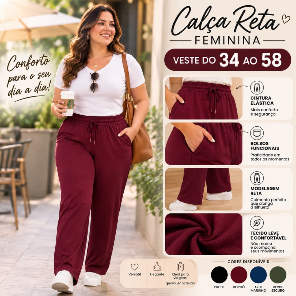 Calça Reta Feminina Plus Size Passeio Trabalho Soltinha Cintura Alta Malha Bolso Jogging M ao G3
