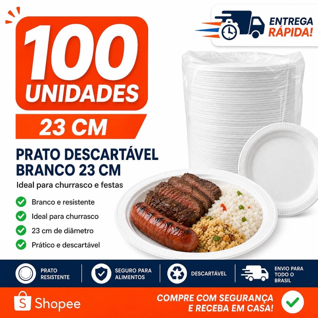 Prato Ultratherm Raso 23cm para Refeições com 100 unidades alimentos