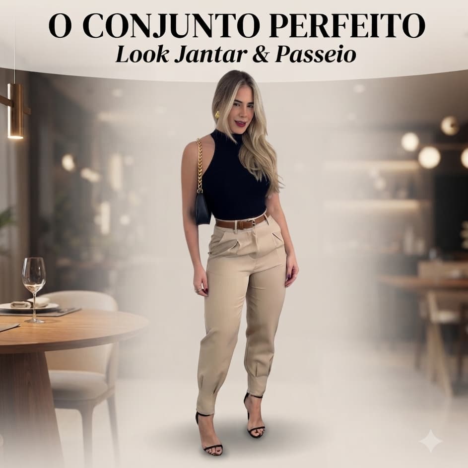 Conjunto Feminino Calça Cenoura Alfaiataria Cropped Regata com Cinto Look Jantar Passeio Casual Chic
