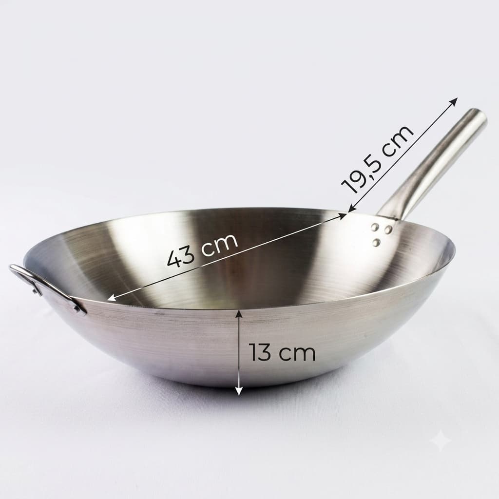 Panela Wok Grande Aço Inox 43cm com Cabo e Alça Profissional Fritura Yakissoba Cozinha Oriental