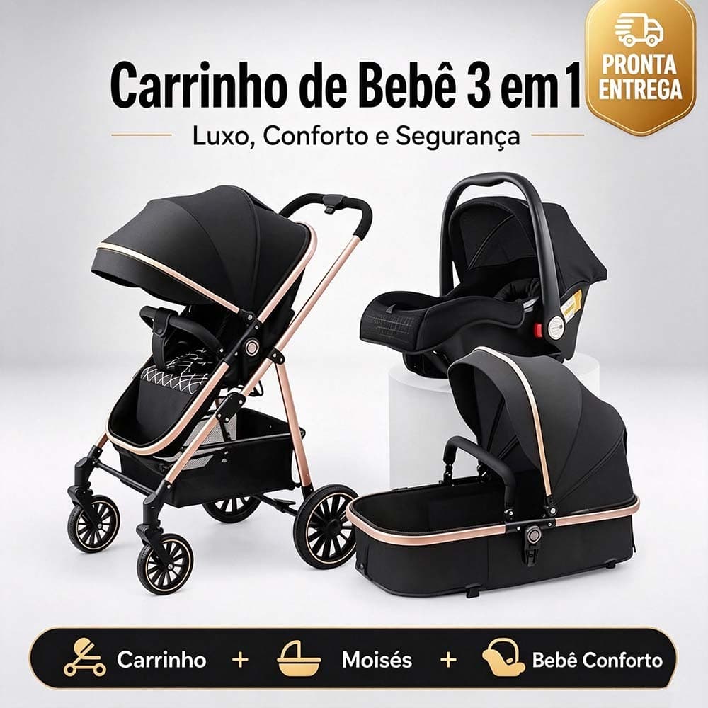 Carrinho De Bebê 3 Em 1 Luxo - Moisés, Bebê Conforto E Base Veicular , Seguro E Confortável