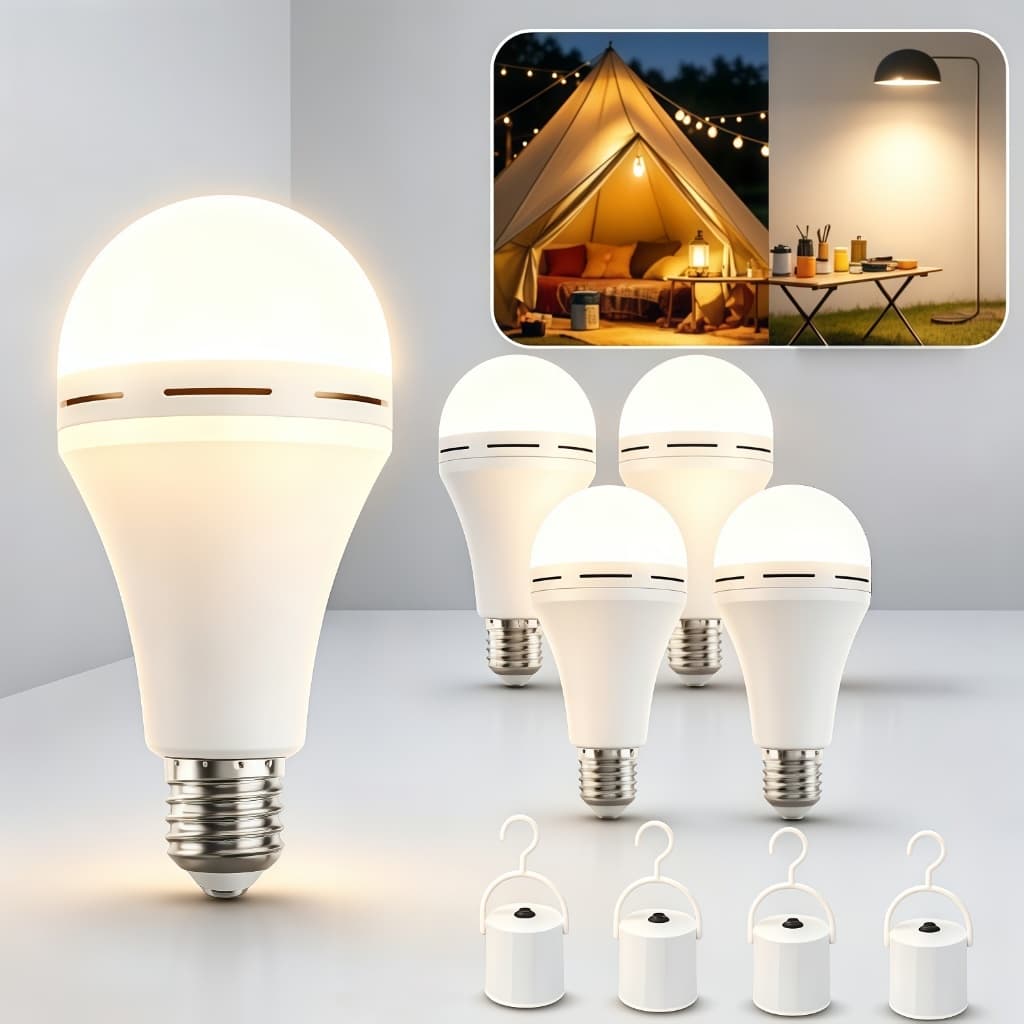 Kit 4 Lâmpadas LED Emergência Recarregável A19 Compatível Soquete Padrão Baixo Consumo para Apagões Acampamento