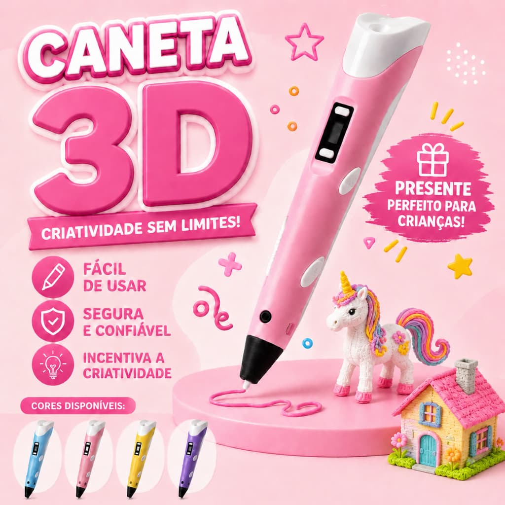 Caneta 3D Infantil Impressora Educativa Desenho + Kit Filamentos Visor LED Presente Criativo