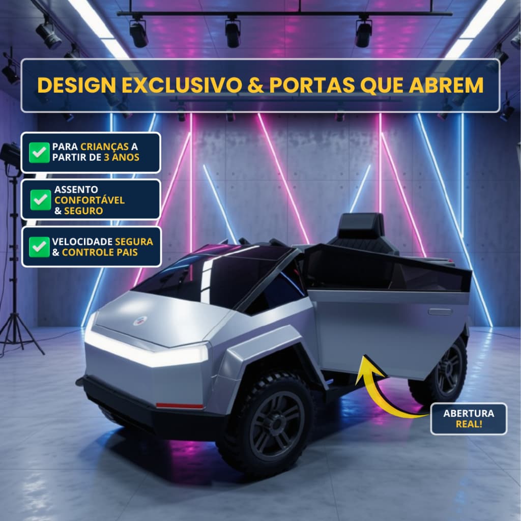 Carro Elétrico Infantil Super Truck 12V Cinza Com Controle Remoto Luz Som Bateria Recarregável Entrada USB Cinto Seguran